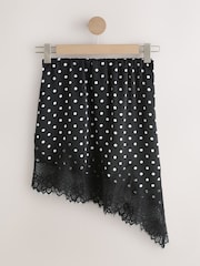 أسود/أبيض منقط - Asymetric Satin Mini Skirt with Lace Trim - Image 6 of 8