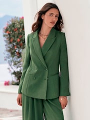 Green Relaxed Double Breasted Crinkle Blazer - Image 2 of 7