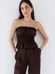 Chocolate Brown Glossy Ruched Bandeau Top - Image 3 of 13