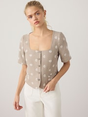 Stone/Neutral Paisley Embroidered Scoop Neck Top - Image 1 of 7