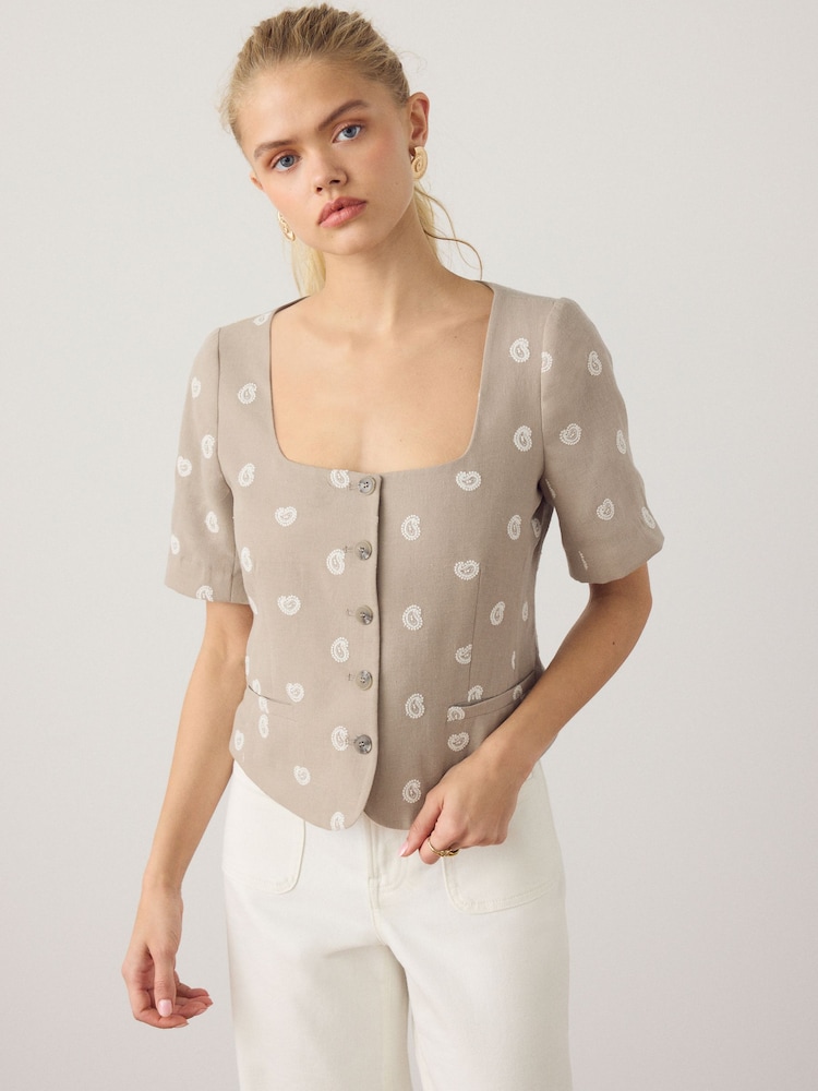 Stone/Neutral Paisley Embroidered Scoop Neck Top - Image 1 of 7