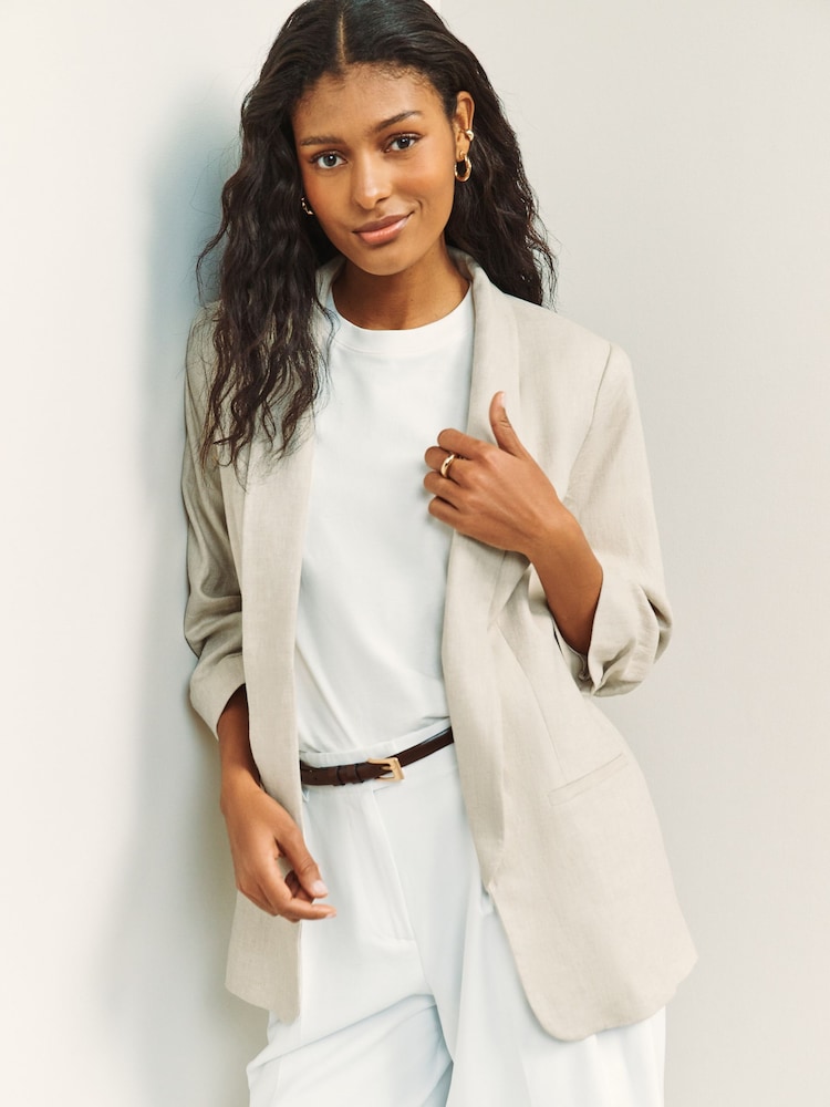 Neutral Linen Rich Ruched Sleeve Jacket - Image 1 of 7