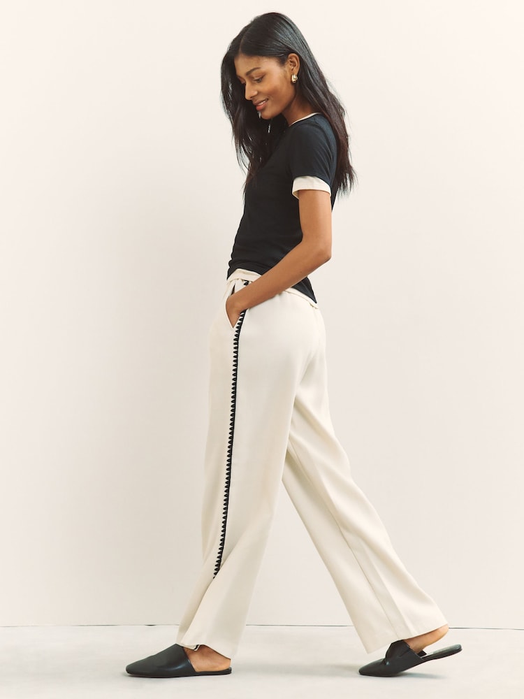 Neutral/Black Embroidered Side Detail Wide Leg Trousers - Image 1 of 7 Neutral/Black Embroidered Side Detail Wide Leg Trousers - Image 1 of 7