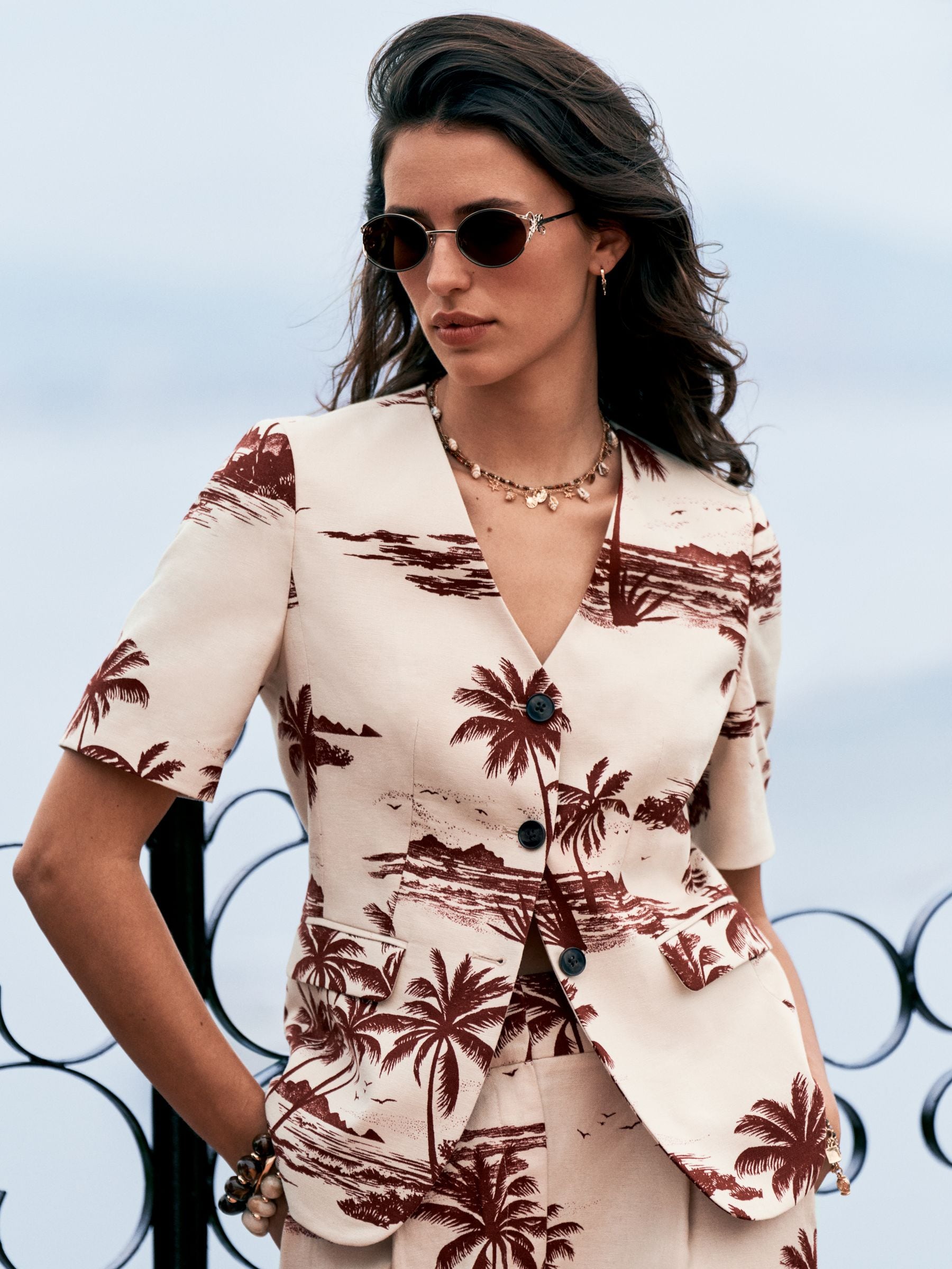 Buy Ecru/Rust Brown - Palm Print Short Sleeve Blazer With Linen