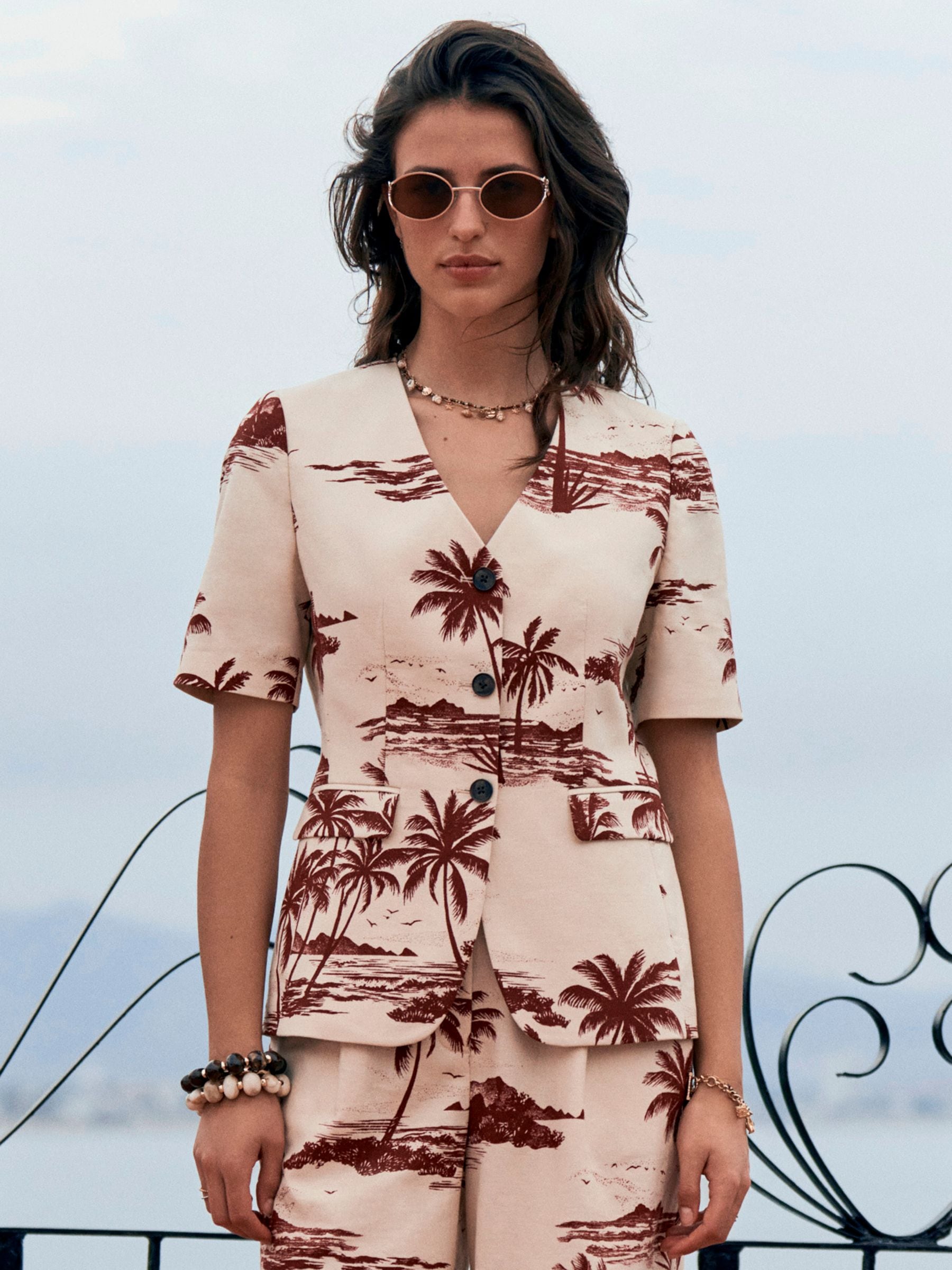 Buy Ecru/Rust Brown - Palm Print Short Sleeve Blazer With Linen