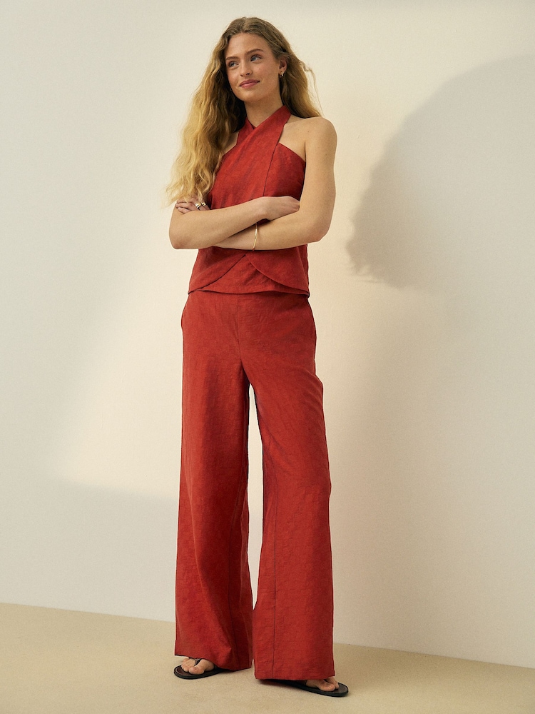 Rust Red Jacquard Checkerboard Wide Leg Trousers - Image 1 of 8 Rust Red Jacquard Checkerboard Wide Leg Trousers - Image 1 of 8