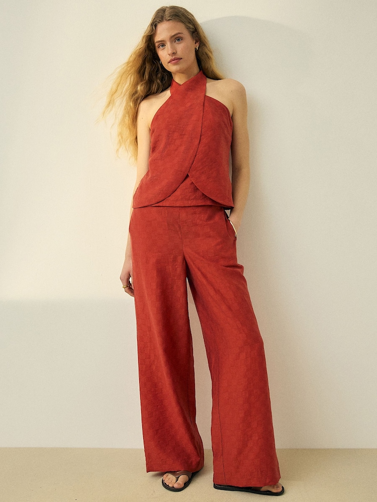 Rust Red Jacquard Checkerboard Wide Leg Trousers - Image 2 of 8 Rust Red Jacquard Checkerboard Wide Leg Trousers - Image 2 of 8