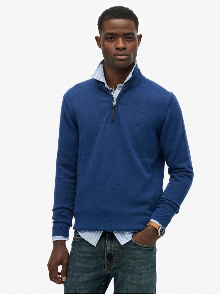 Superdry Blue Essentials Cotton Half Zip Jumper - Image 1 of 6 Superdry Blue Essentials Cotton Half Zip Jumper - Image 1 of 6