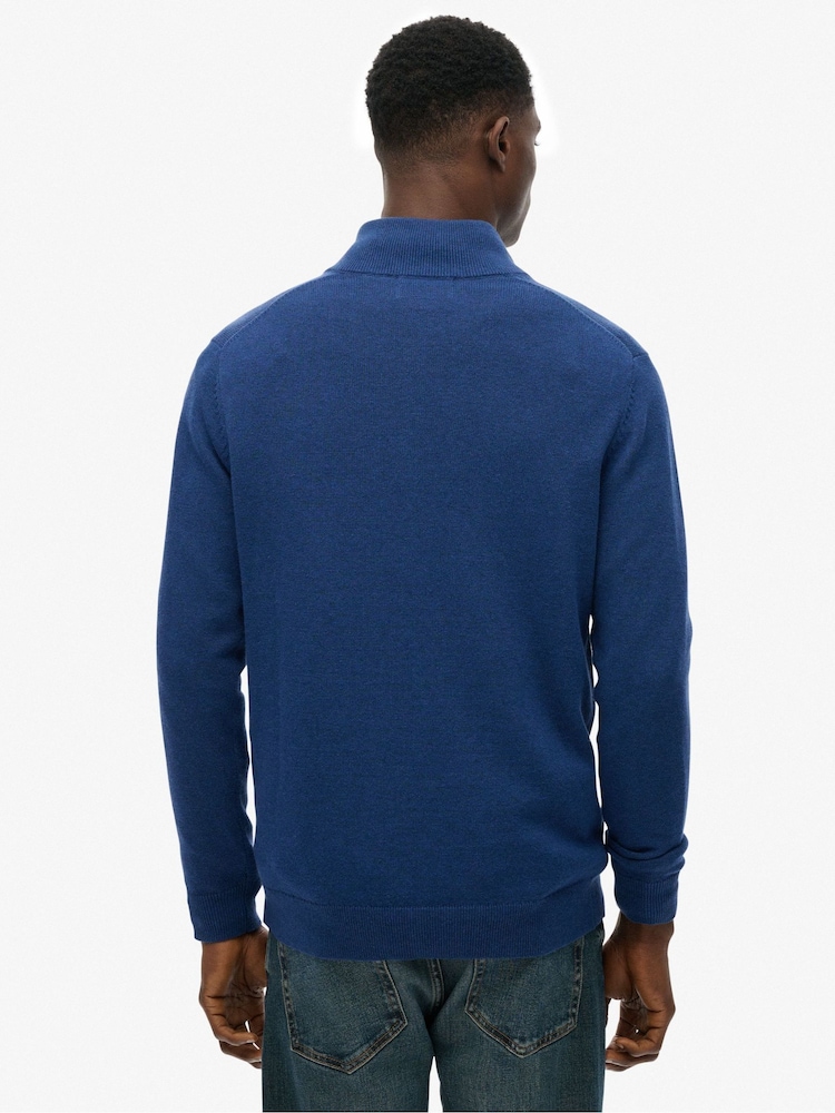 Superdry Blue Essentials Cotton Half Zip Jumper - Image 2 of 6 Superdry Blue Essentials Cotton Half Zip Jumper - Image 2 of 6