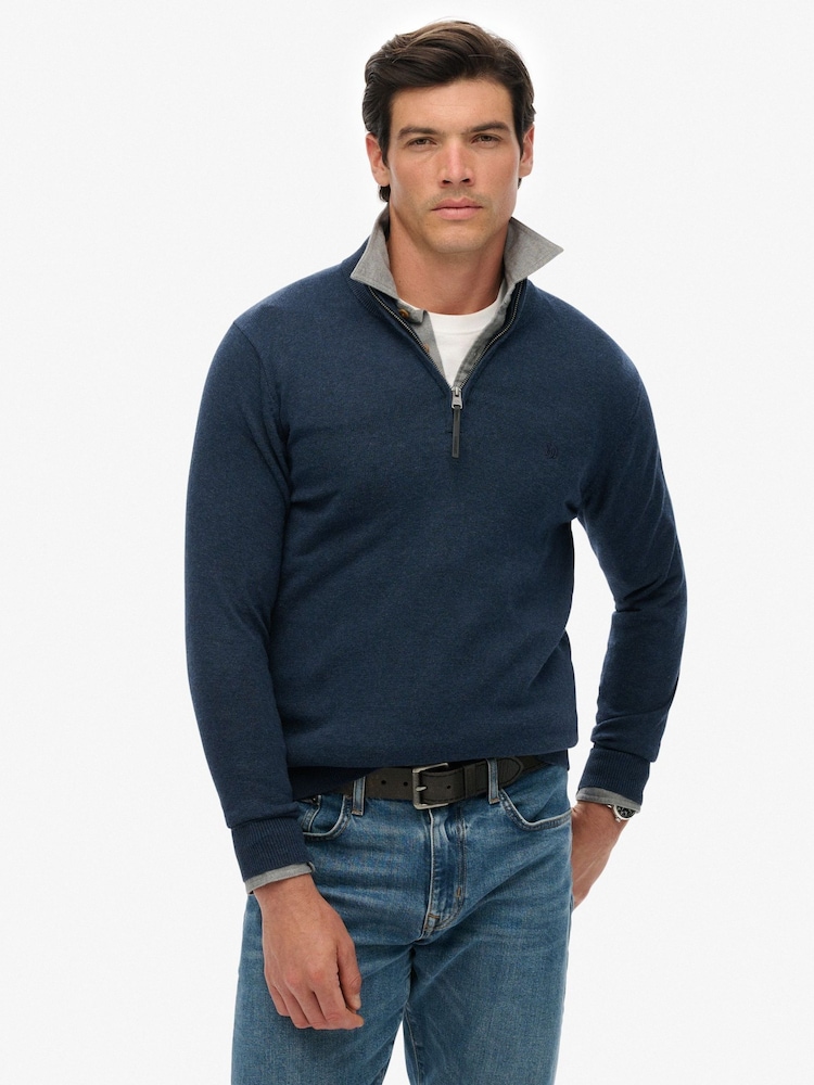 Superdry Blue Essentials Cotton Half Zip Jumper - Image 1 of 6 Superdry Blue Essentials Cotton Half Zip Jumper - Image 1 of 6