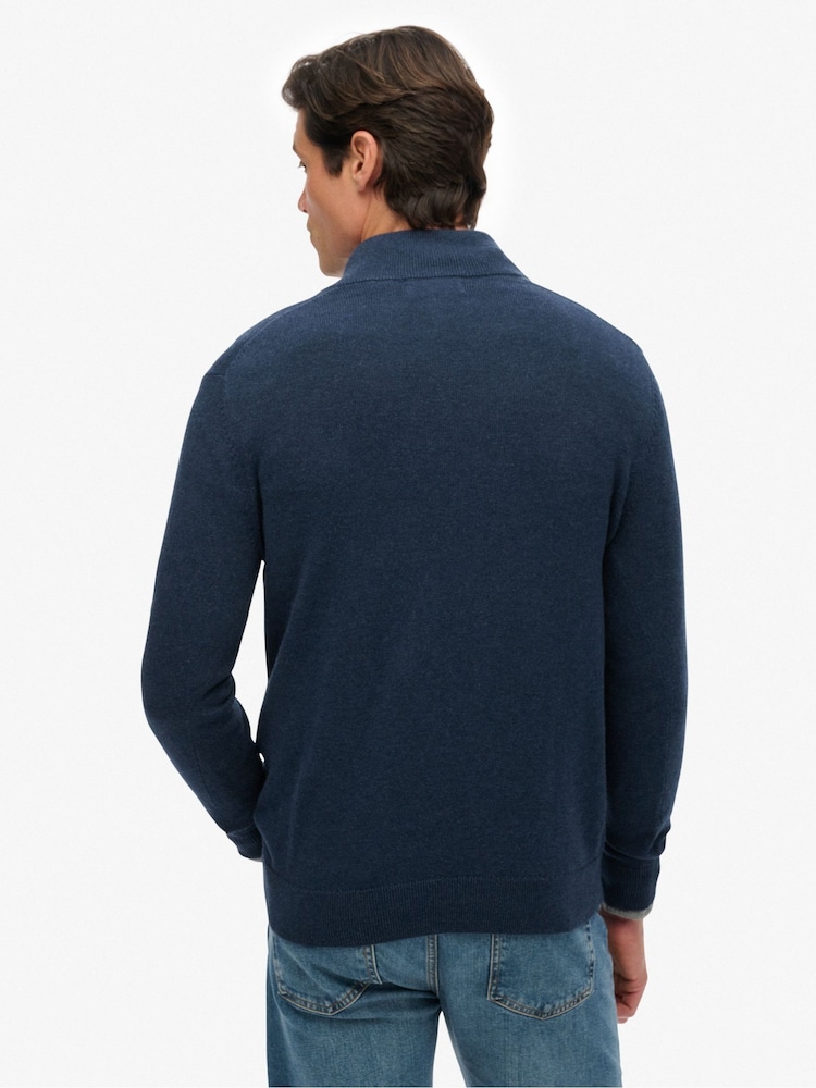 Superdry Blue Essentials Cotton Half Zip Jumper - Image 2 of 6 Superdry Blue Essentials Cotton Half Zip Jumper - Image 2 of 6