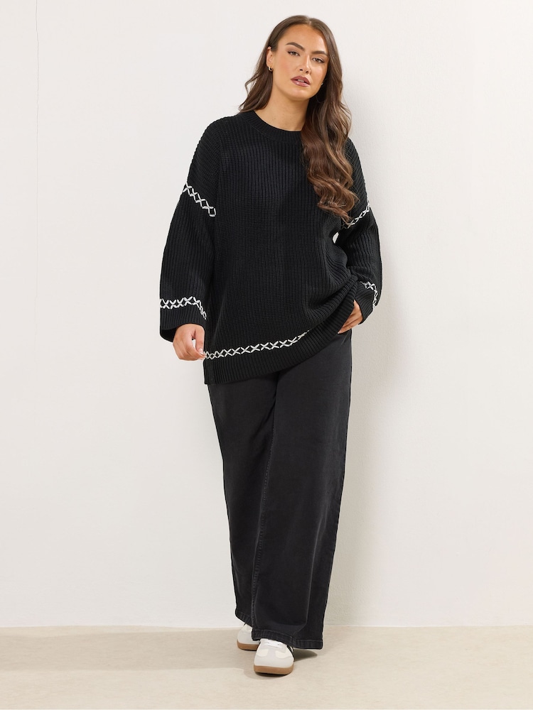 Yours Curve Black Blanket Stitch Jumper - Image 2 of 5 Yours Curve Black Blanket Stitch Jumper - Image 2 of 5