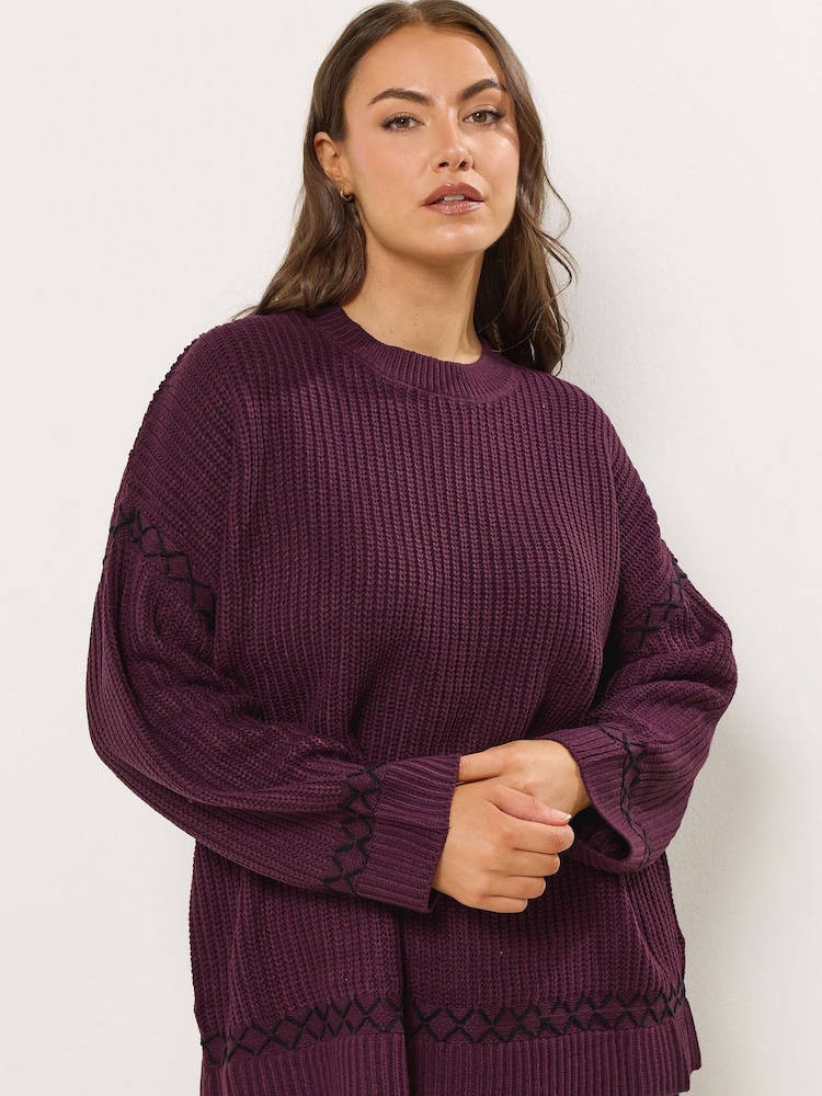Yours Curve Purple Blanket Stitch Jumper - Image 1 of 5 Yours Curve Purple Blanket Stitch Jumper - Image 1 of 5