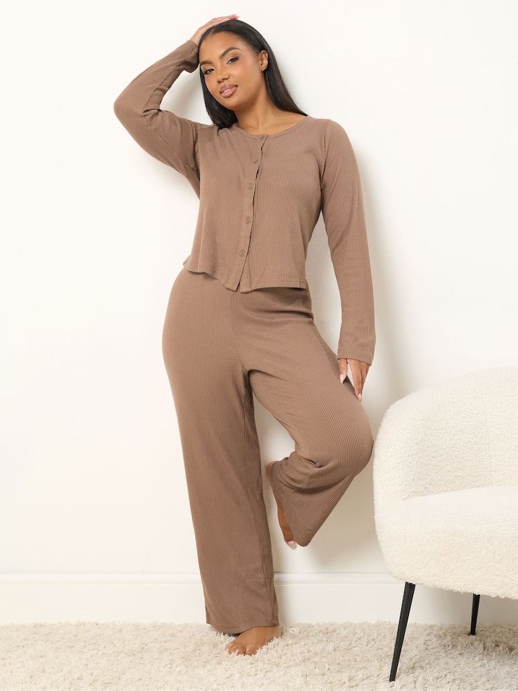 Yours Curve Brown Ribbed Cardigan - Image 1 of 5 Yours Curve Brown Ribbed Cardigan - Image 1 of 5