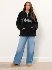 Yours Curve Black Half Zip Embroidered Sherpa Borg Fleece - Image 3 of 6