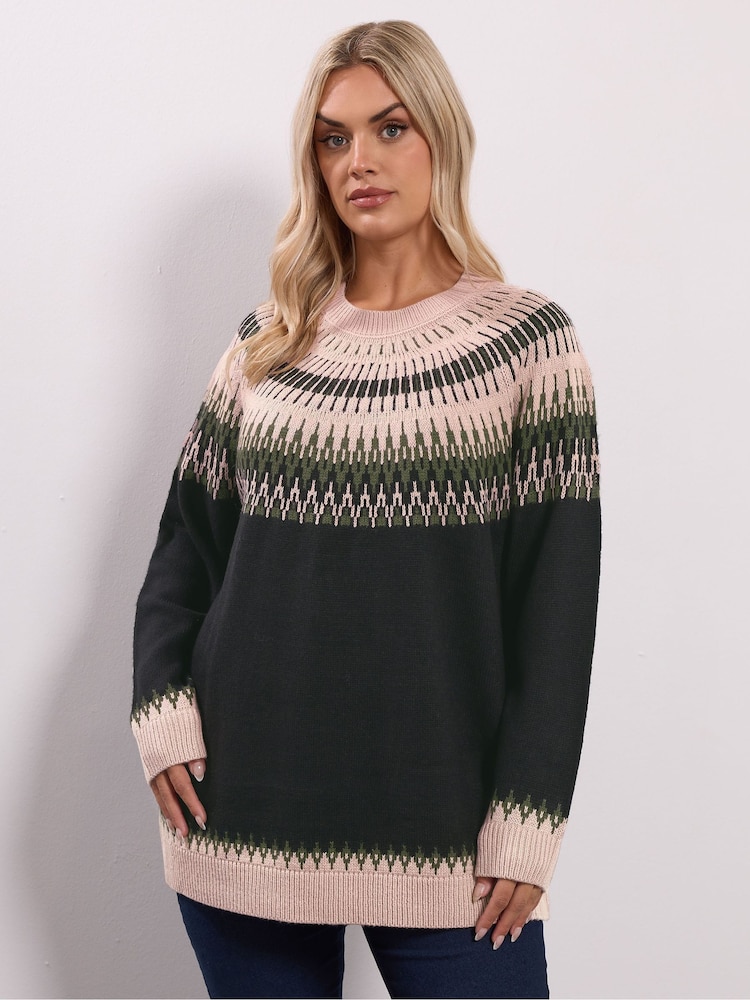 Yours Curve Black Fairisle Pattern Jumper - Image 1 of 5