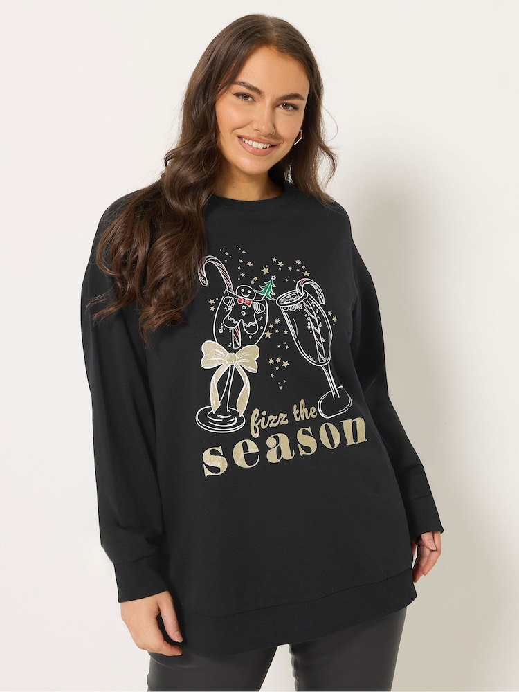 Yours Curve Black Fizz The Season Novelty Sweatshirt - Image 1 of 5 Yours Curve Black Fizz The Season Novelty Sweatshirt - Image 1 of 5