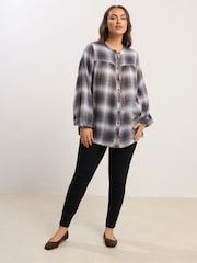 Yours Curve Brown Shirred Panel Check Blouse - Image 2 of 5
