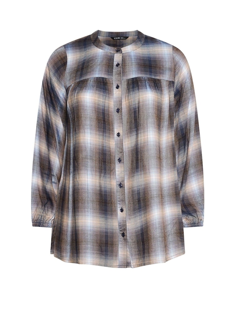 Yours Curve Brown Shirred Panel Check Blouse - Image 5 of 5 Yours Curve Brown Shirred Panel Check Blouse - Image 5 of 5