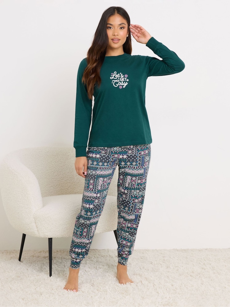 PixieGirl Petite Green Lets Get Cosy Long Sleeve Cuffed PJ Set - Image 2 of 5 PixieGirl Petite Green Lets Get Cosy Long Sleeve Cuffed PJ Set - Image 2 of 5