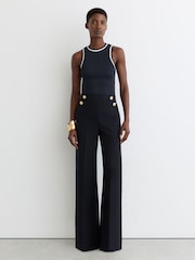 Reiss Navy Carley Petite Wide-Leg Button-Detail Trousers - Image 1 of 8