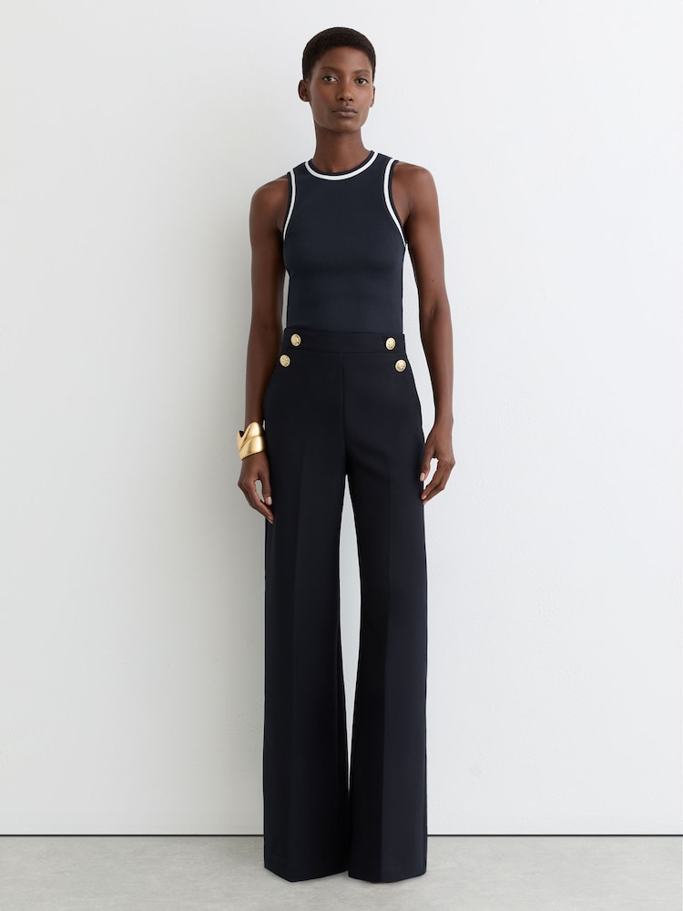 Reiss Navy Carley Petite Wide-Leg Button-Detail Trousers - Image 1 of 8