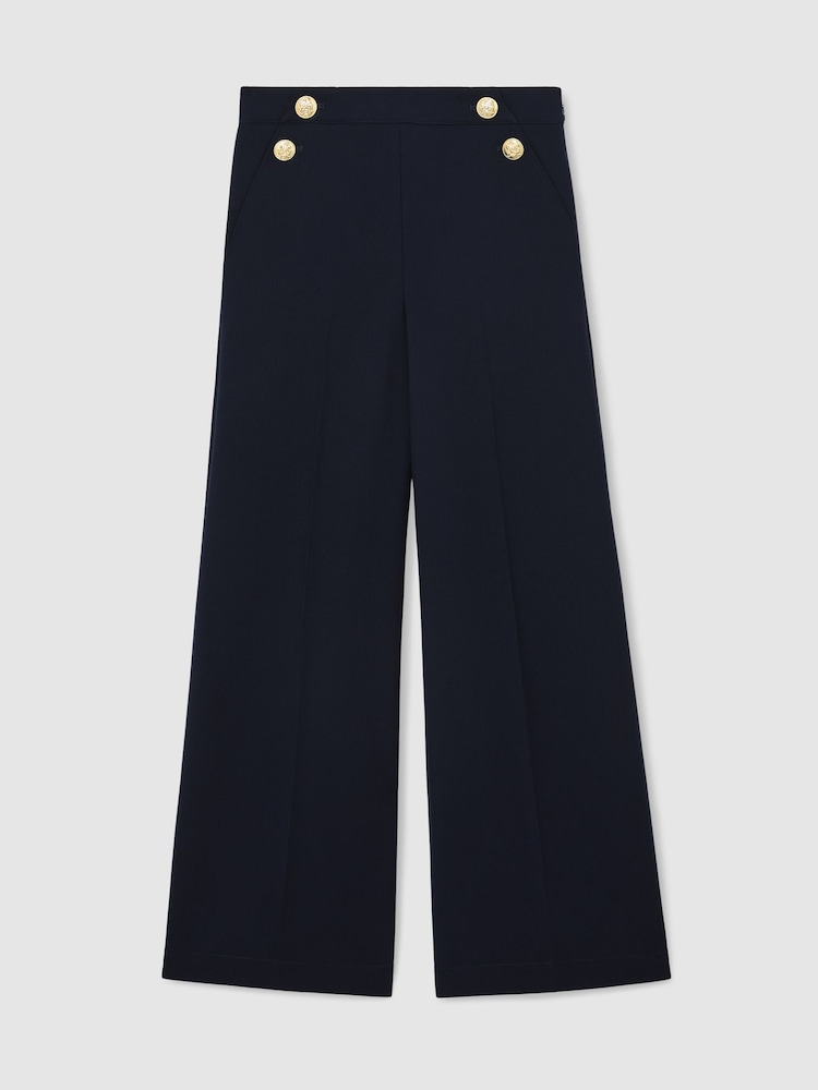 Reiss Navy Carley Petite Wide-Leg Button-Detail Trousers - Image 2 of 8