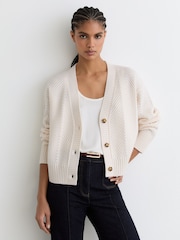 Reiss Ivory Lottie Wool-Cashmere Chevron-Stitch Cardigan - Image 1 of 6