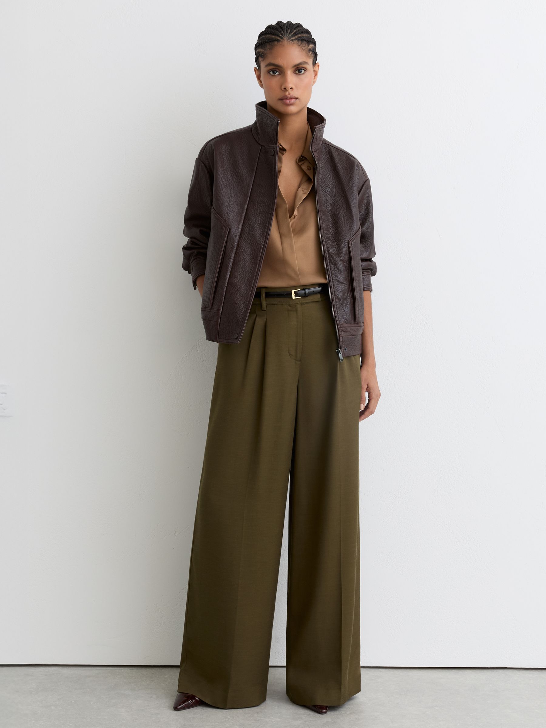 Reiss Women's Khaki Green Cora Wide-Leg Pleated Trousers