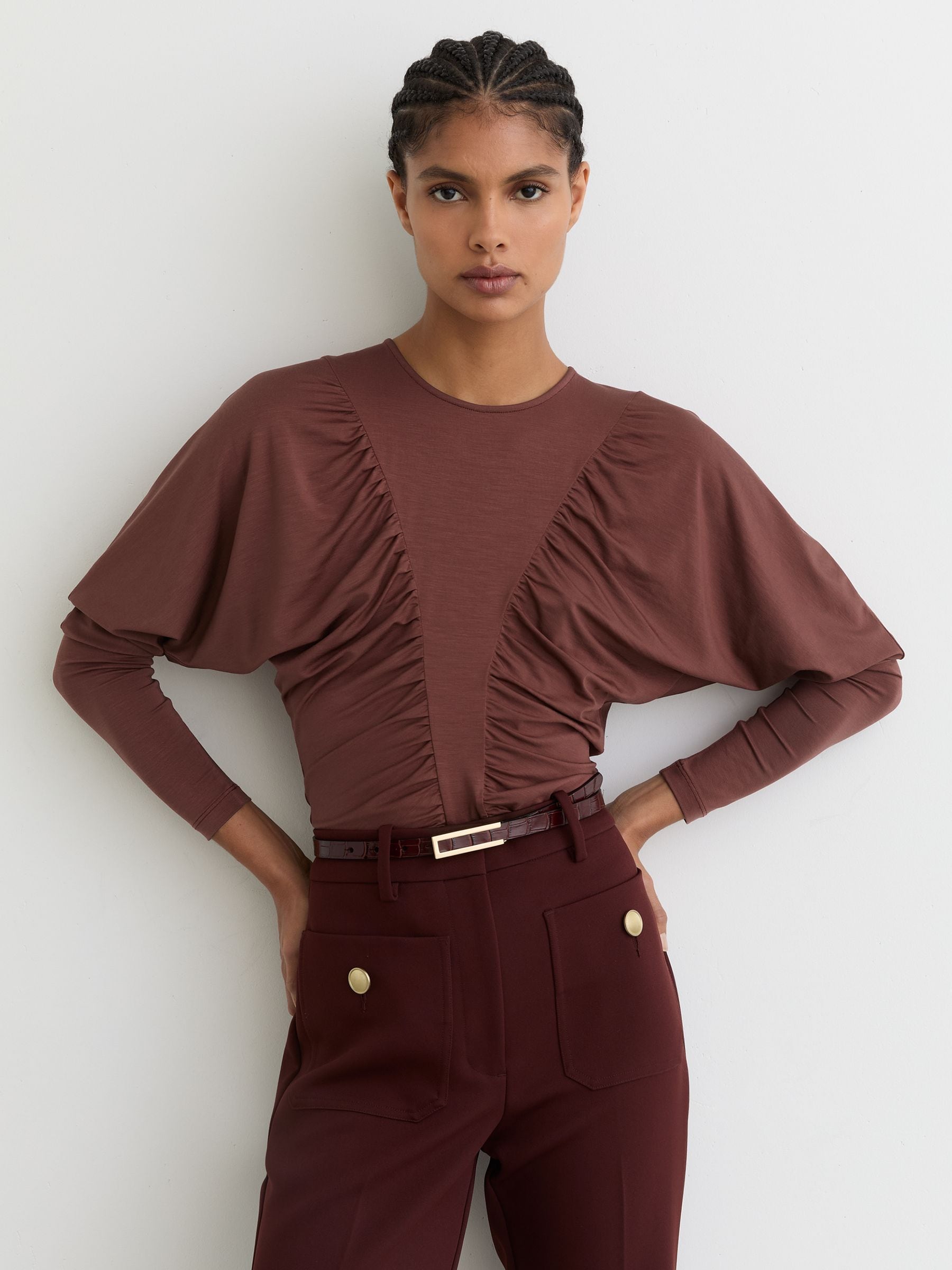 Reiss Rust Red Ruched Jersey Long-sleeve Top