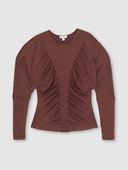 Reiss Rust Red Fenna Ruched Jersey Long-Sleeve Top - Image 2 of 6