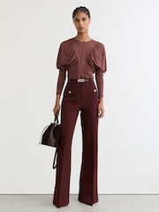 Reiss Rust Red Fenna Ruched Jersey Long-Sleeve Top - Image 3 of 6