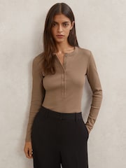 Reiss Taupe Brown Rina Stretch-Cotton Half-Button Top - Image 1 of 6