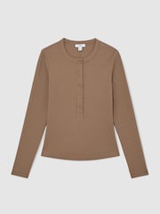 Reiss Taupe Brown Rina Stretch-Cotton Half-Button Top - Image 2 of 6