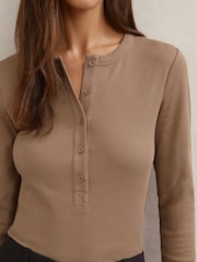 Reiss Taupe Brown Rina Stretch-Cotton Half-Button Top - Image 4 of 6