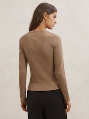 Reiss Taupe Brown Rina Stretch-Cotton Half-Button Top - Image 5 of 6
