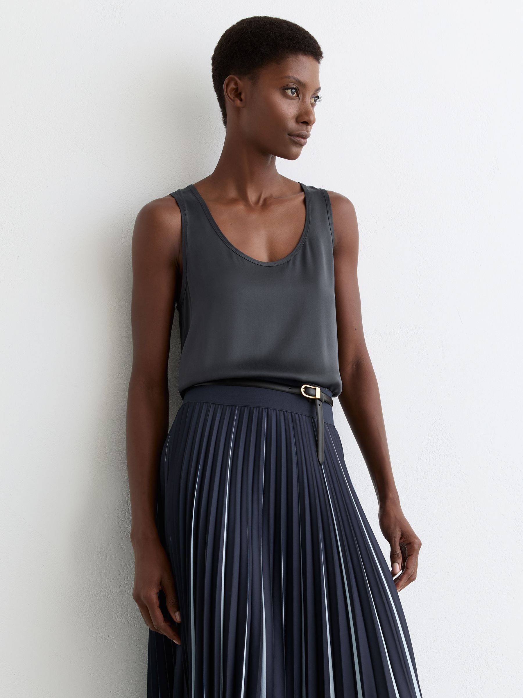 Reiss Navy Silk-front Cami Top In Blue