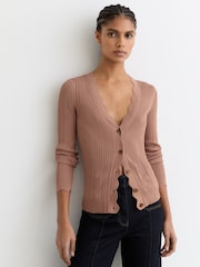 Reiss Vinny Rib-Knit Scallop-Trim Cardigan - Imaginea 1 din 6