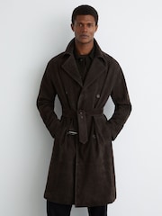 Reiss Chocolate Brown Marais Suede Double-Breasted Trench Coat - Image 1 of 8