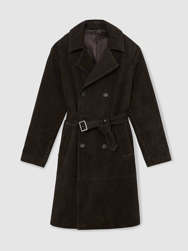 Reiss Chocolate Brown Marais Suede Double-Breasted Trench Coat - Image 2 of 8