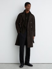 Reiss Chocolate Brown Marais Suede Double-Breasted Trench Coat - Image 3 of 8