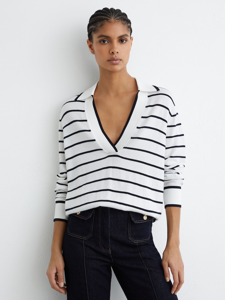 Reiss Ivory/Navy Phoebe Merino Wool-Blend Collar Stripe Jumper with Cashmere - Image 1 of 6 Reiss Ivory/Navy Phoebe Merino Wool-Blend Collar Stripe Jumper with Cashmere - Image 1 of 6