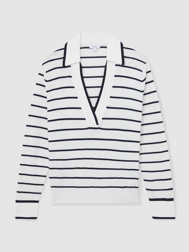 Reiss Ivory/Navy Phoebe Merino Wool-Blend Collar Stripe Jumper with Cashmere - Image 2 of 6 Reiss Ivory/Navy Phoebe Merino Wool-Blend Collar Stripe Jumper with Cashmere - Image 2 of 6