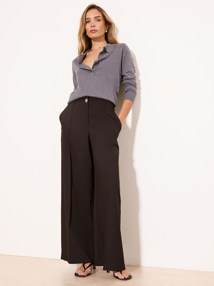 Lipsy Chocolate Brown Grown On Waist Tailored Wide Leg Trousers - Image 1 of 4