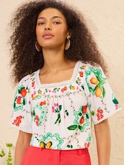 Love & Roses x RHS Ivory Fruit Print Embroidered Petite Square Neck Jersey T-Shirt - Image 1 of 5