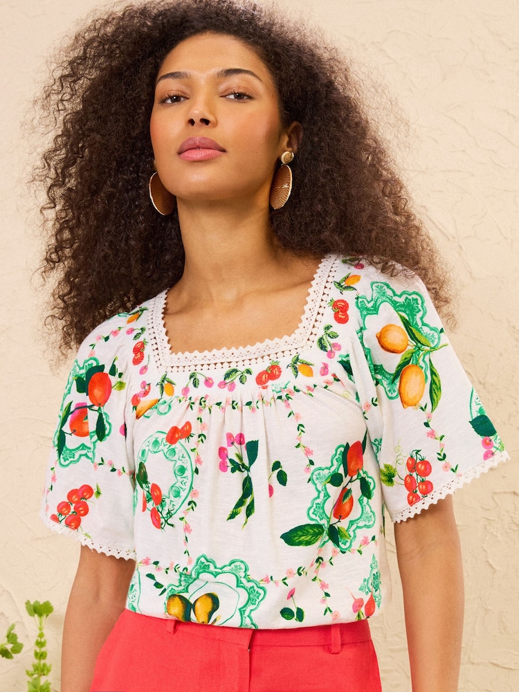 Love & Roses x RHS Ivory Fruit Print Embroidered Petite Square Neck Jersey T-Shirt - Image 1 of 5