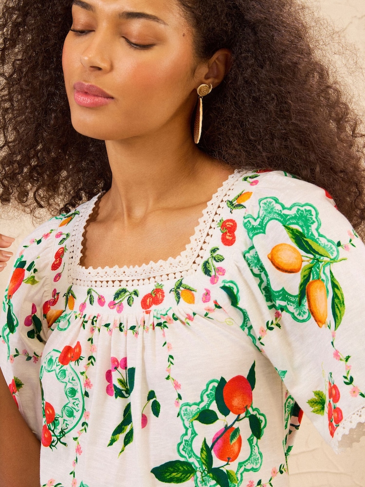 Love & Roses x RHS Ivory Fruit Print Embroidered Petite Square Neck Jersey T-Shirt - Image 2 of 5