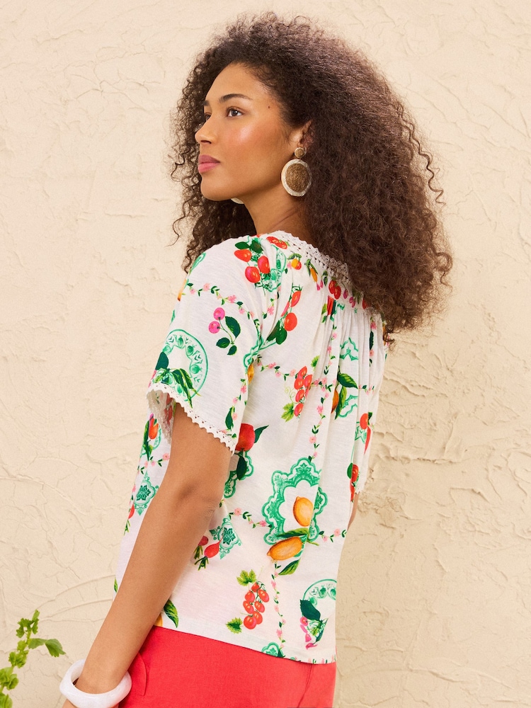 Love & Roses x RHS Ivory Fruit Print Embroidered Petite Square Neck Jersey T-Shirt - Image 5 of 5