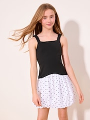 Lipsy Black/White 2-in-1 Polka Dot Puffball Hem Dress (10-16yrs) - Image 1 of 4