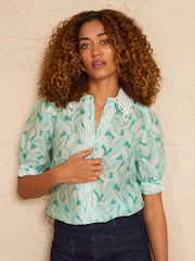 Love & Roses Mint Green Geo Print Lace Collar Short Sleeve Button Through Shirt - Image 1 of 4